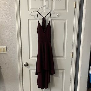 Windsor: burgundy, high low dress w/ lace back
